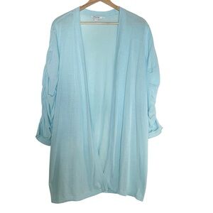 Chico's Baby Blue Sheer Long Open Cardigan Size XL Ruched Sleeve Lightweight